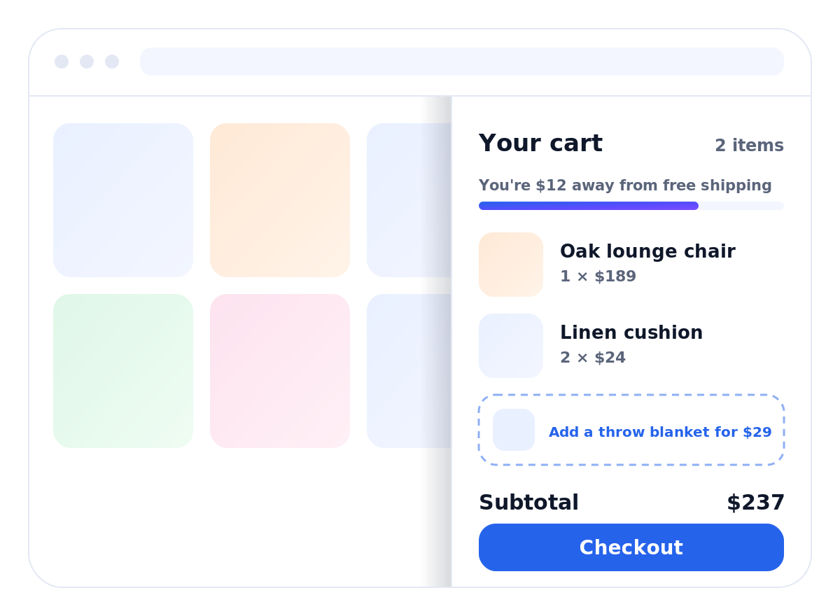 WooCommerce side cart with a free shipping progress bar and checkout button