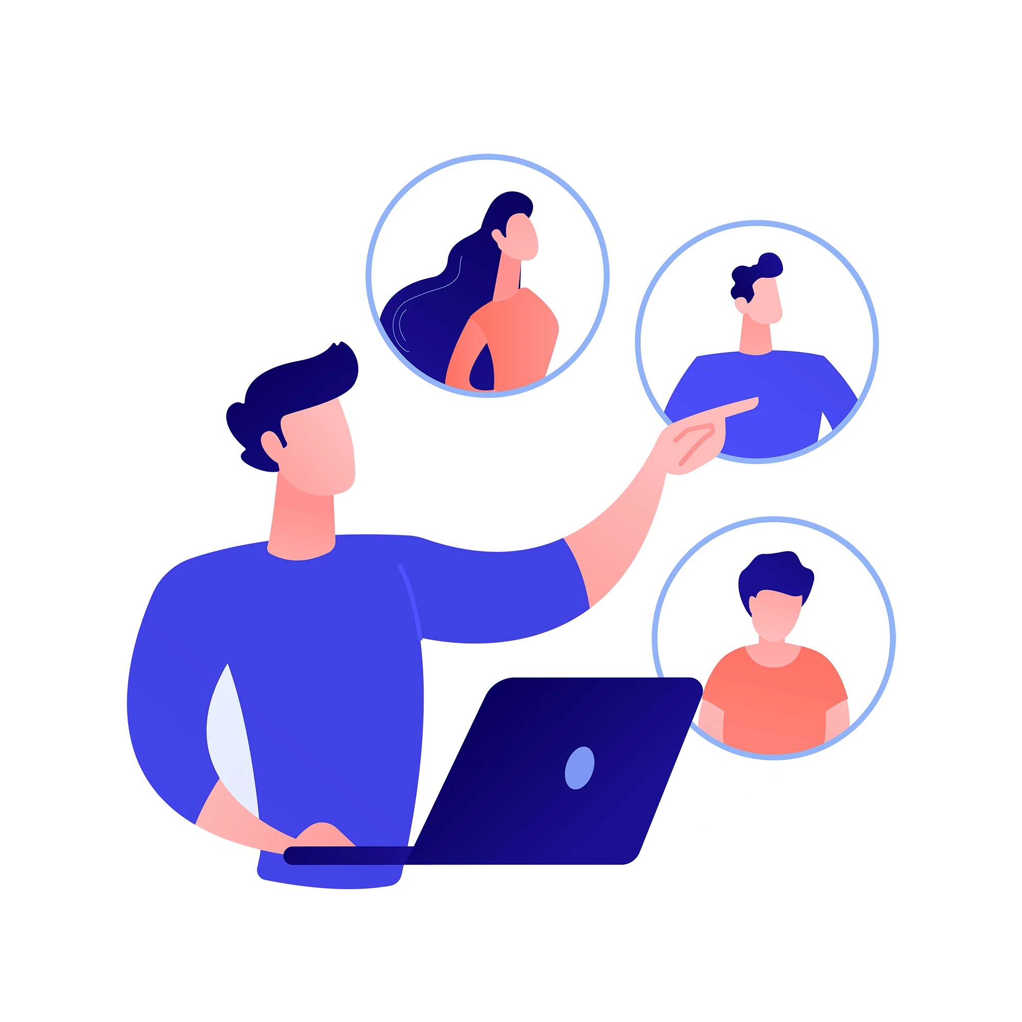 Illustration of a developer at a laptop connecting with store owners