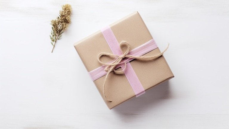 Gift box wrapped in brown paper and pink ribbon, representing products saved to a WooCommerce wishlist